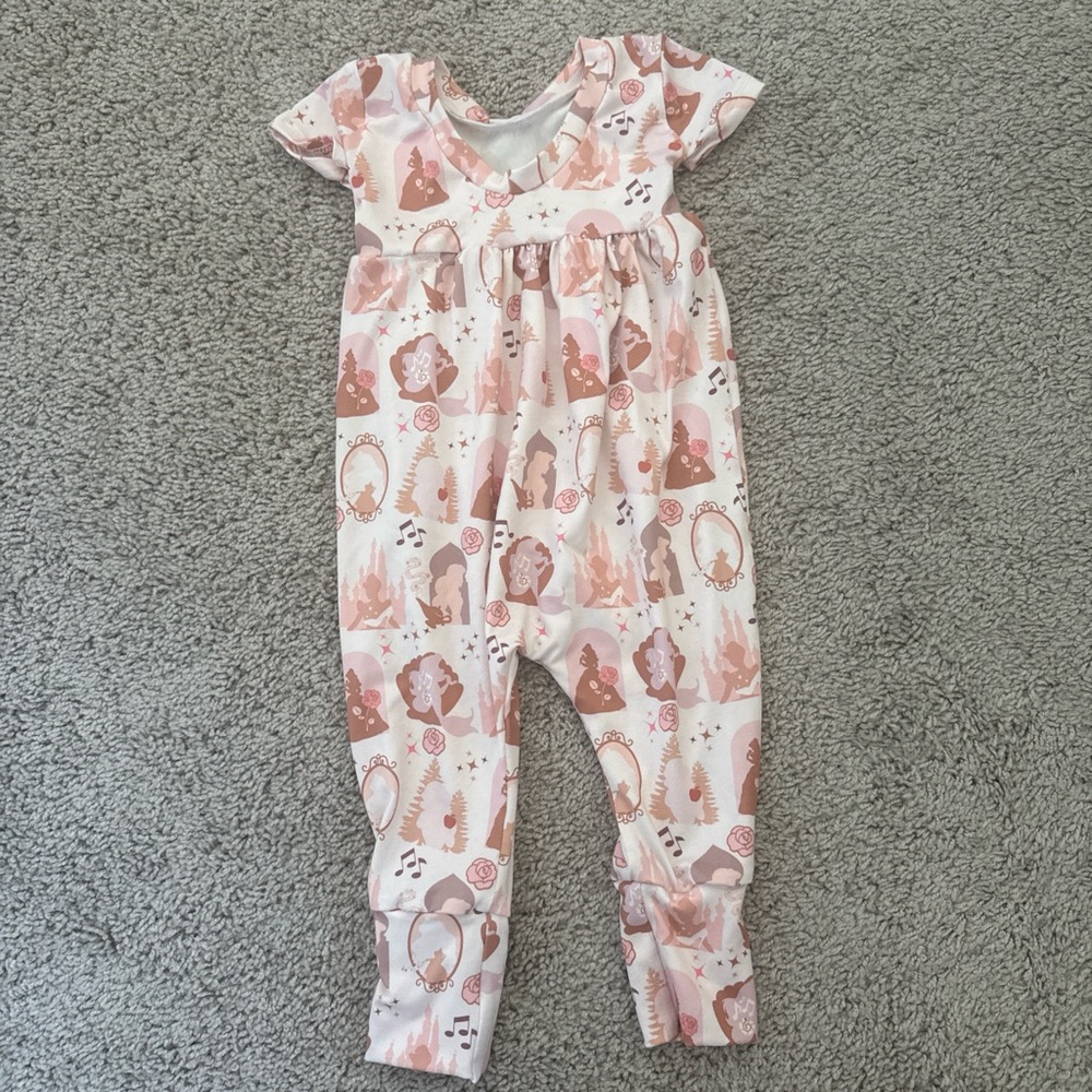 Pink Floral & Disney Princess Silhouette Print Girls One-Piece Romper